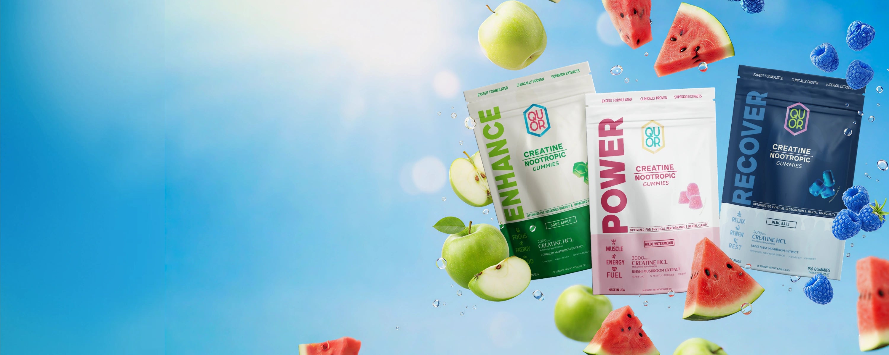 Supplement packages with fruits on a blue background