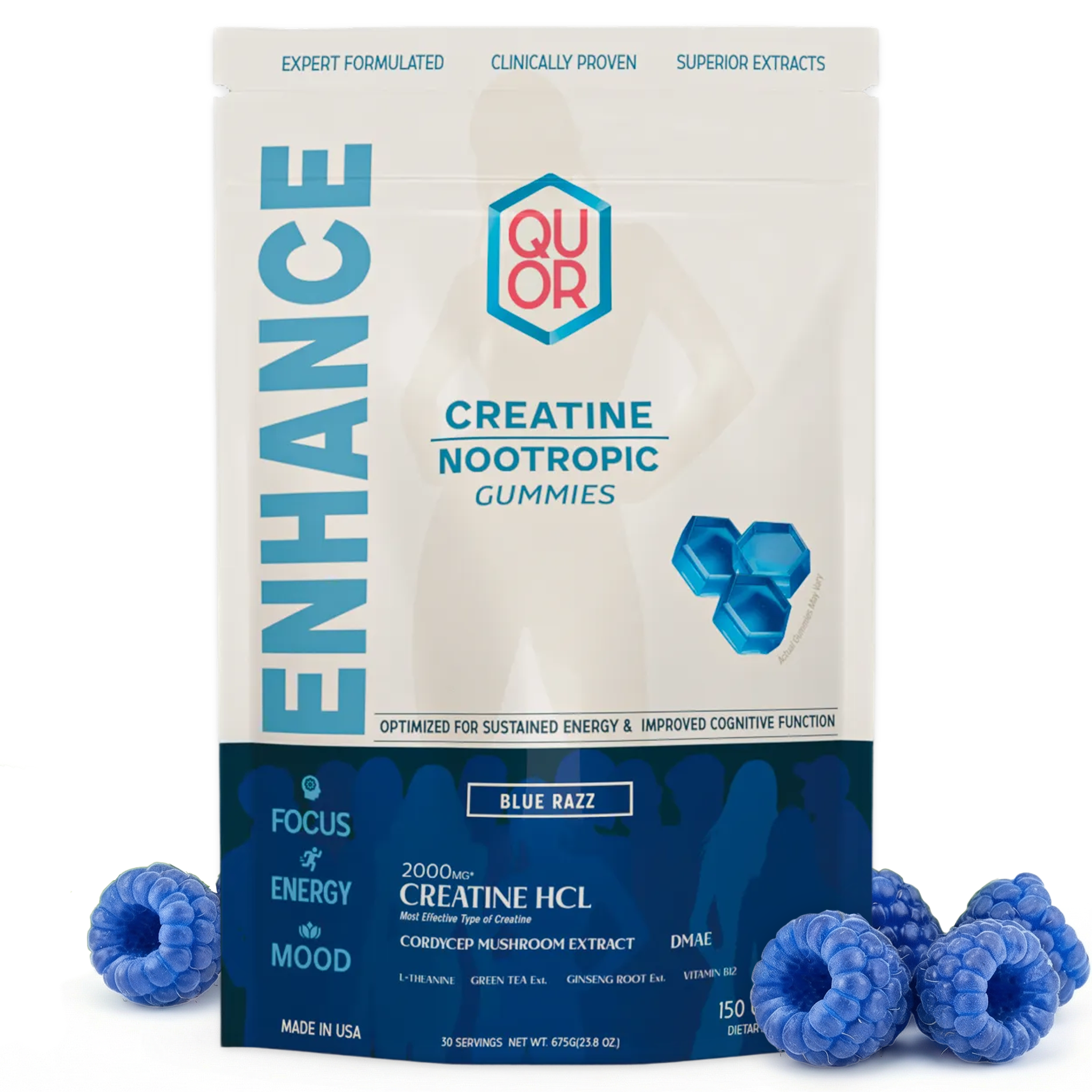 Package of QUOR Creatine Nootropic Gummies with blue razz flavor on a white background