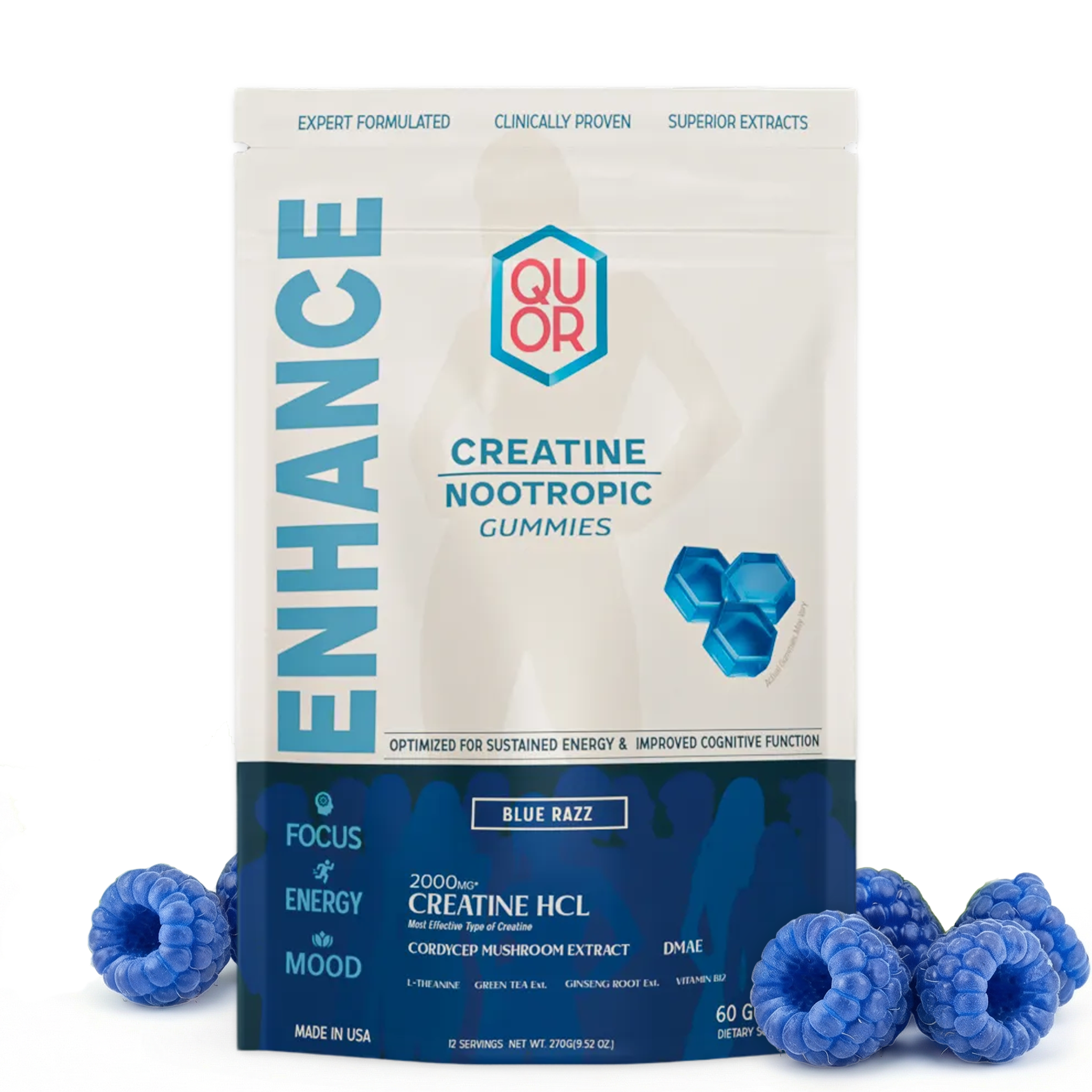Package of Quor Creatine Nootropic Gummies with blue gummy bears on a white background