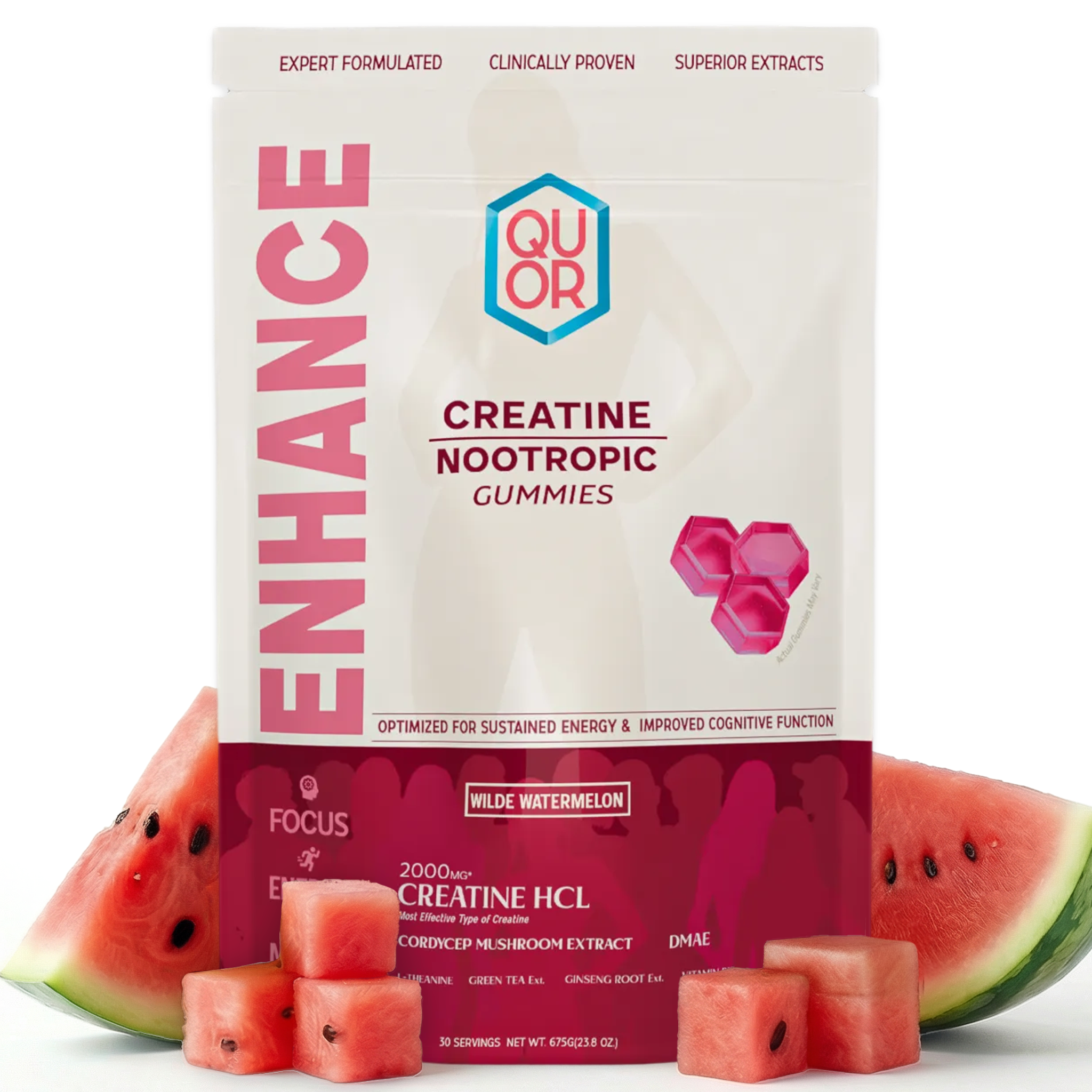 Quor Creatine Nootropic Gummies packaging with watermelon slices on a white background