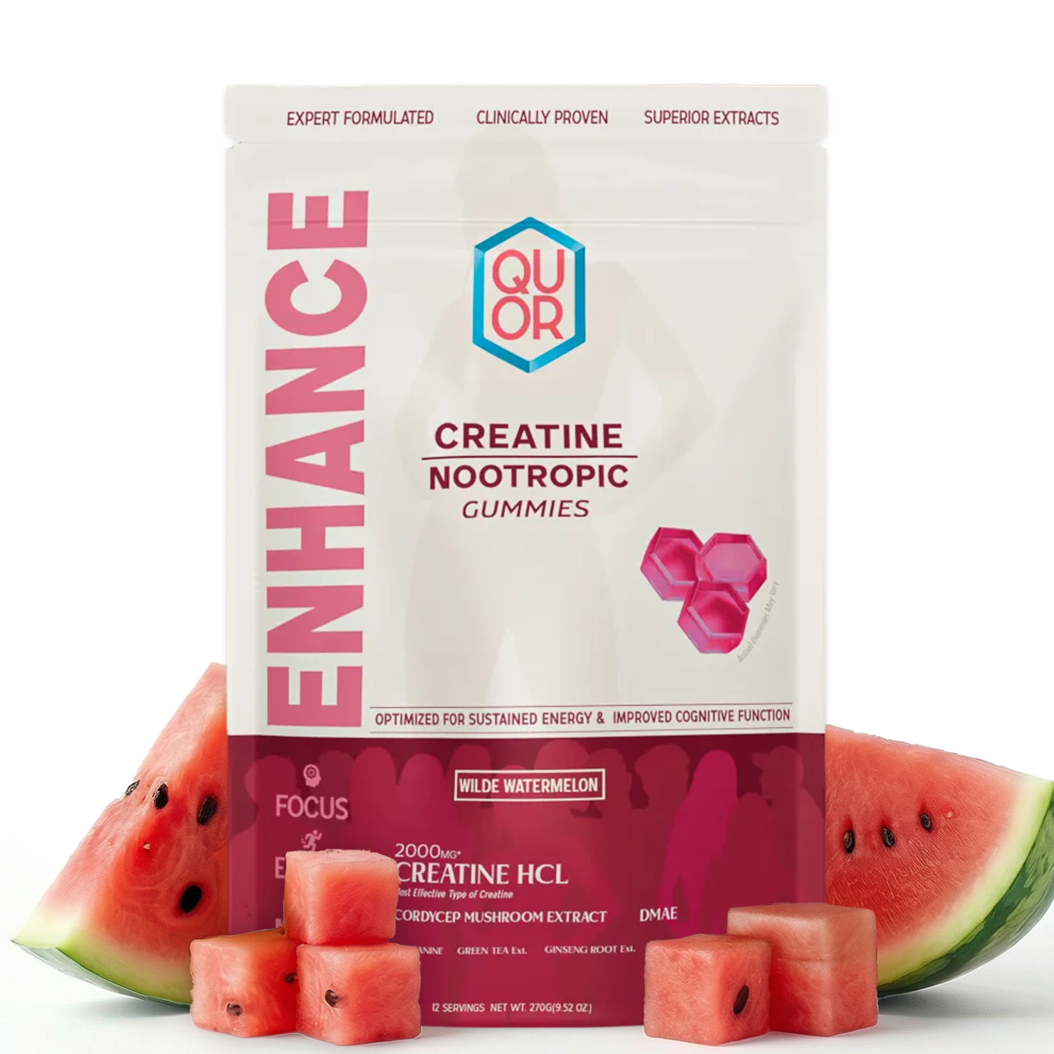 Quor Enhance Creatine Nootropic Gummies packaging with watermelon slices on a white background