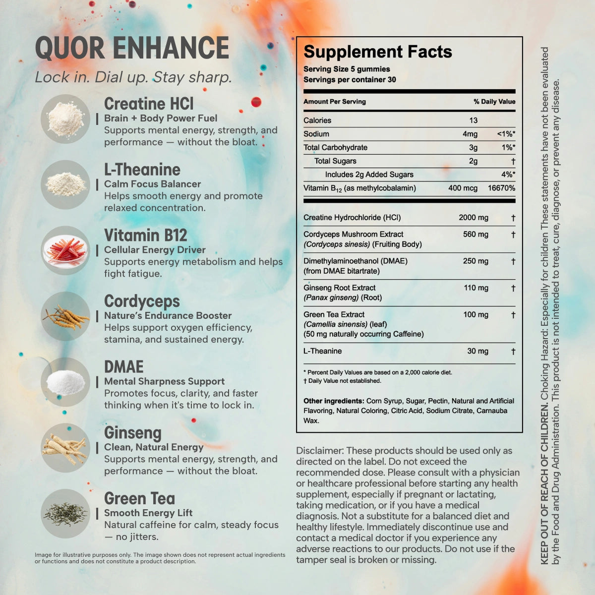 Supplement facts label for Quor Enhance with various ingredients listed.