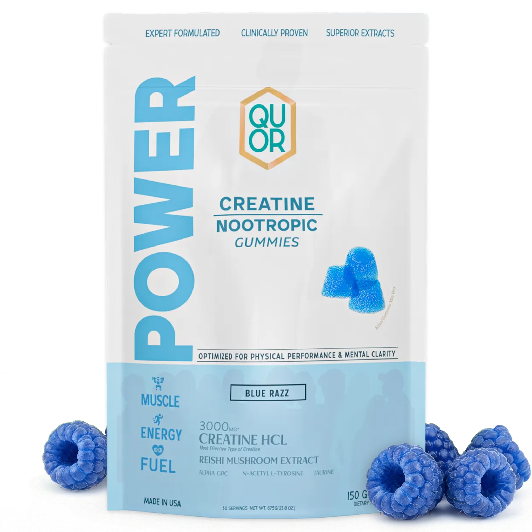 Package of QUOR Power Creatine Nootropic Gummies with blue razz flavor on a white background