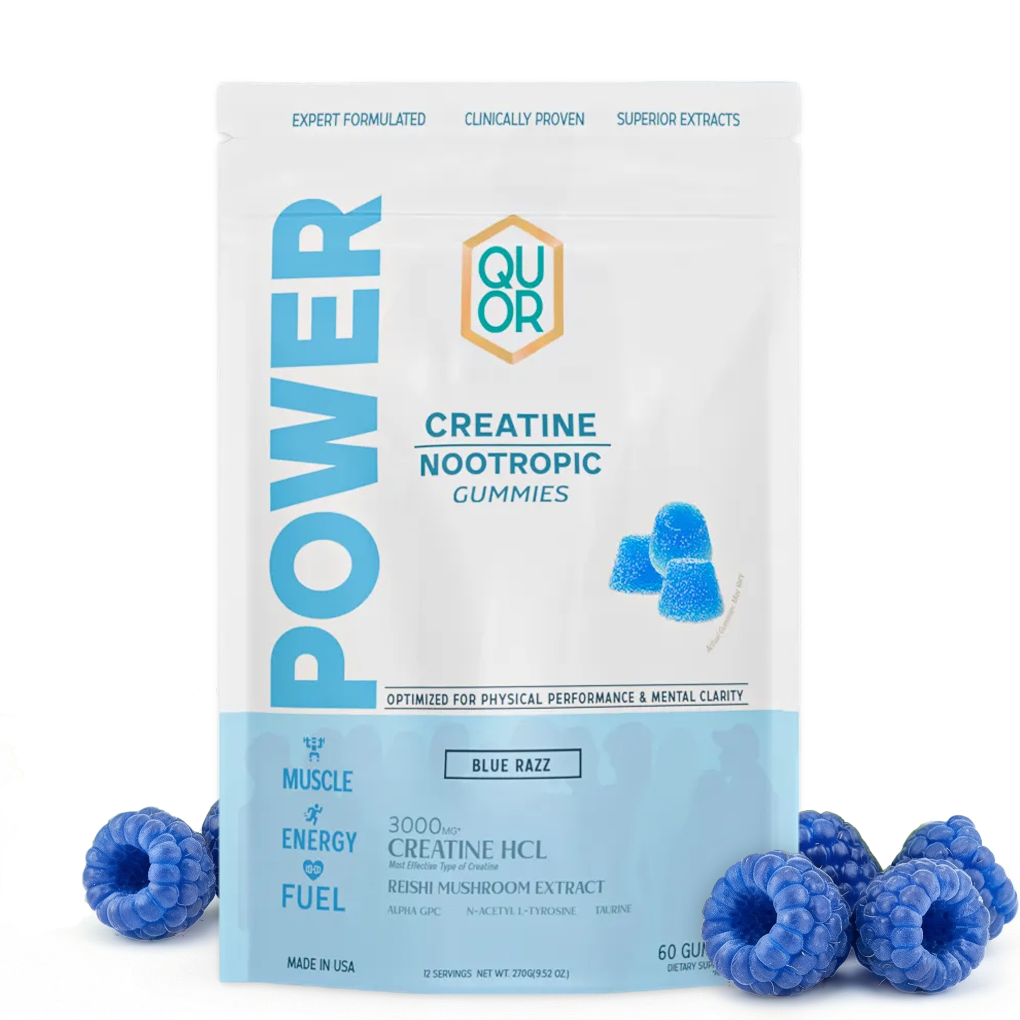 Package of Quor Creatine Nootropic Gummies with blue razz flavor on a white background
