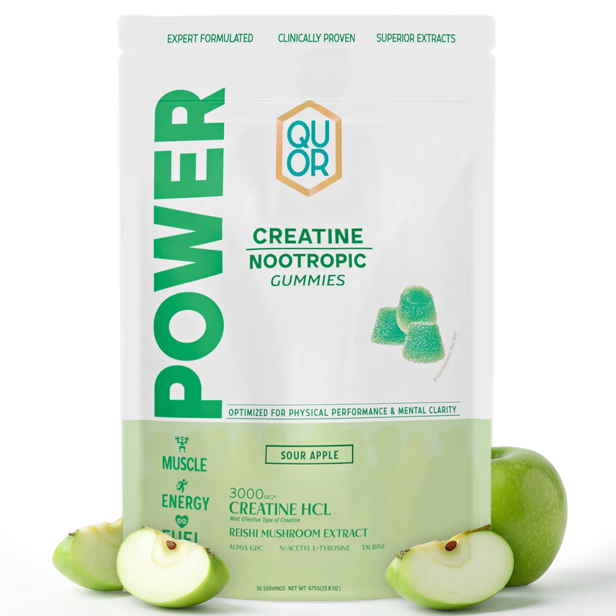 Package of Quor Power Creatine Nootropic Gummies with green apples on a white background