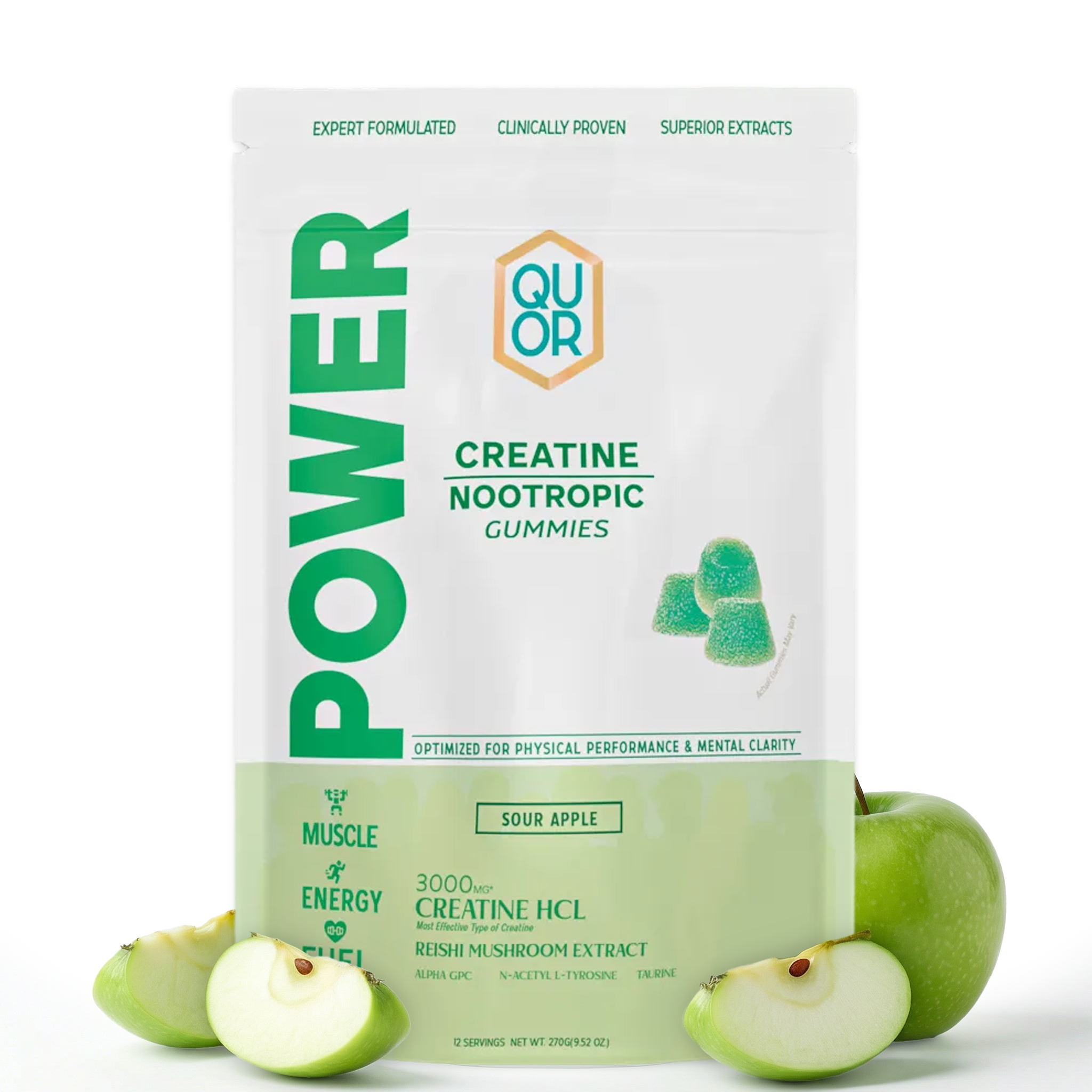 Quor Power Creatine Nootropic Gummies packaging with green apples on a white background