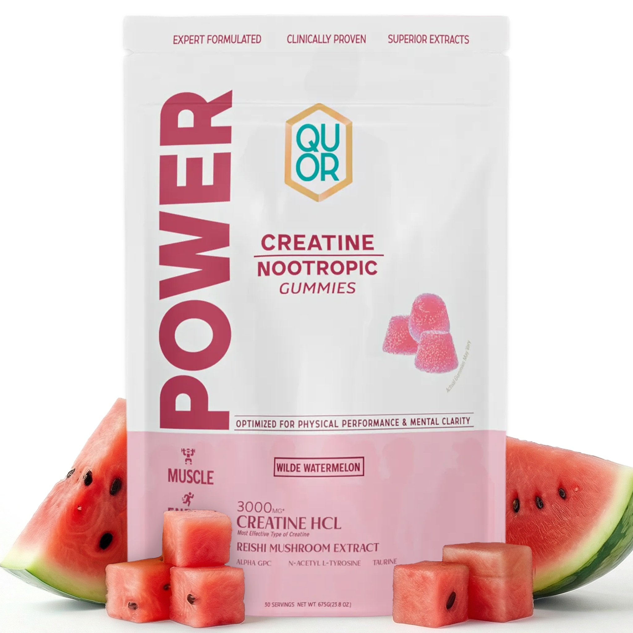 Package of QUOR Power Creatine Nootropic Gummies with watermelon slices on a white background