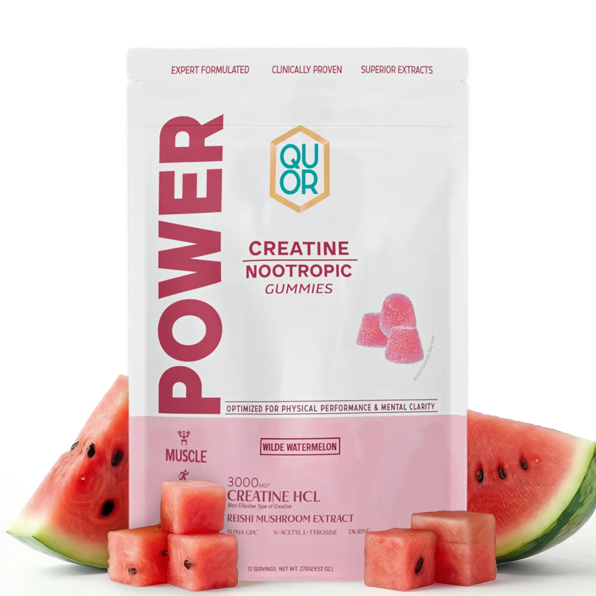 Quor Power Creatine Nootropic Gummies packaging with watermelon slices on a white background
