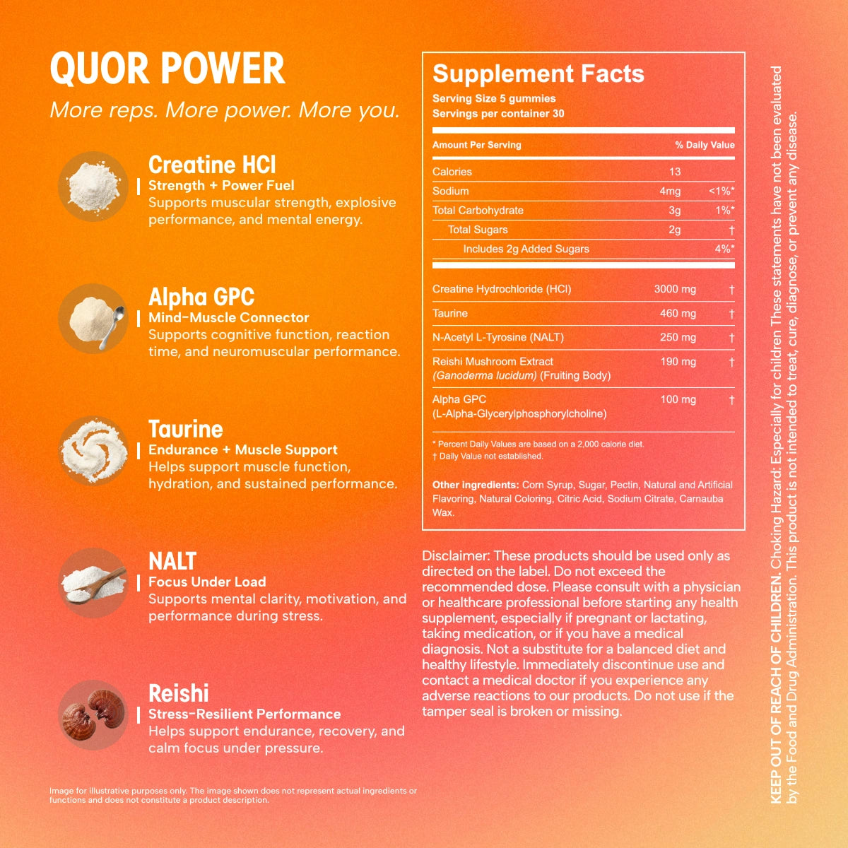 Supplement facts label for Quor Power with ingredients and supplement facts on an orange background