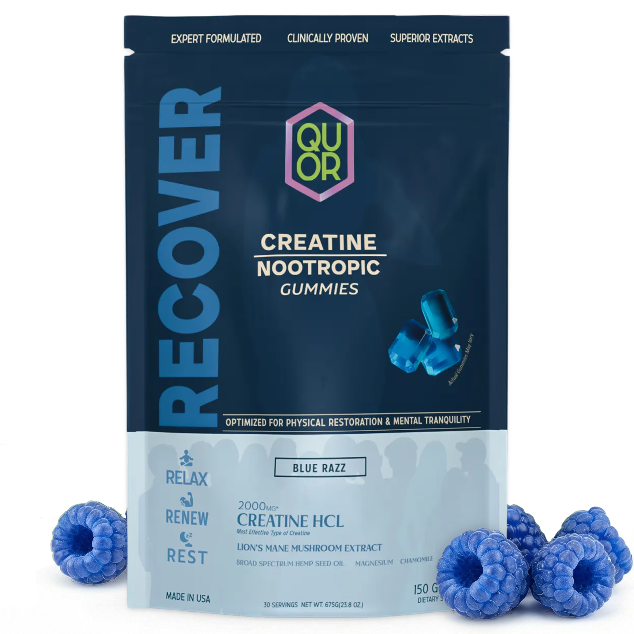 Package of QUOR Recover Creatine Nootropic Gummies with blue gummies on a white background