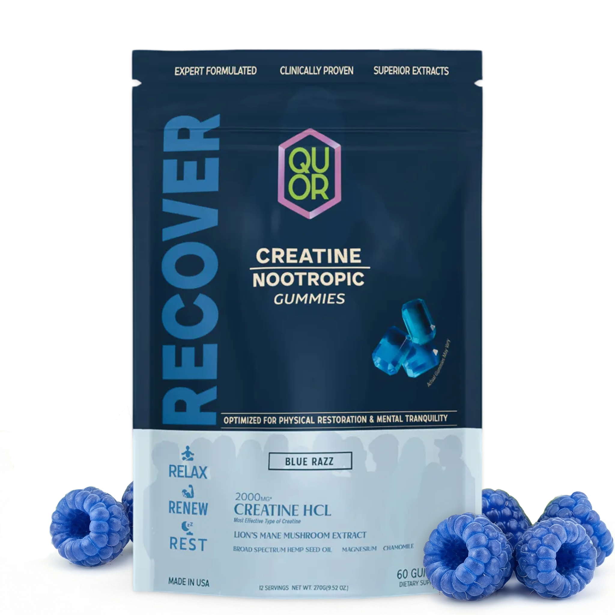 Package of Quor Recover Creatine Nootropic Gummies with blue gummy bears on a white background