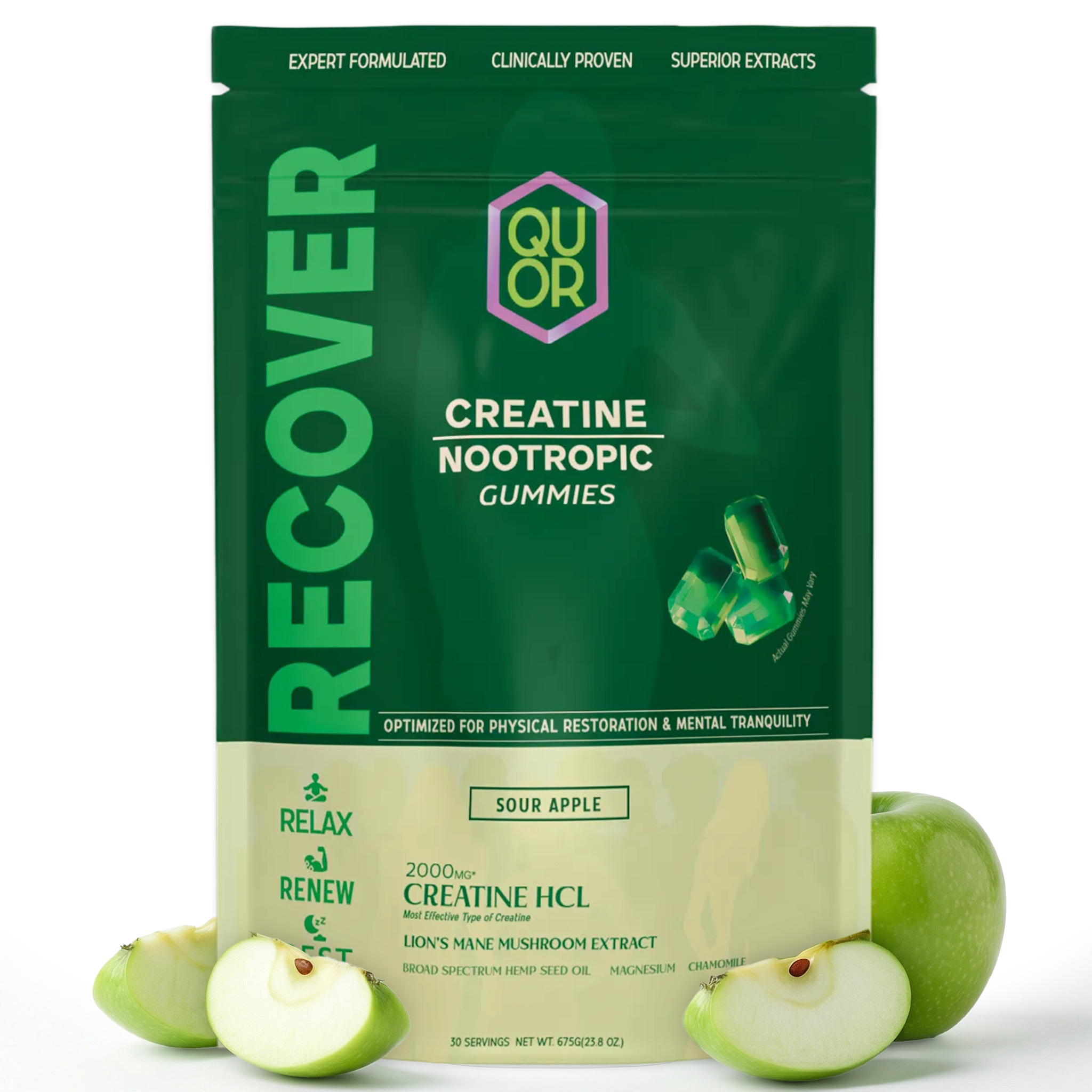Green package of Quor Recover Creatine Nootropic Gummies with sour apple flavor, surrounded by green apples.