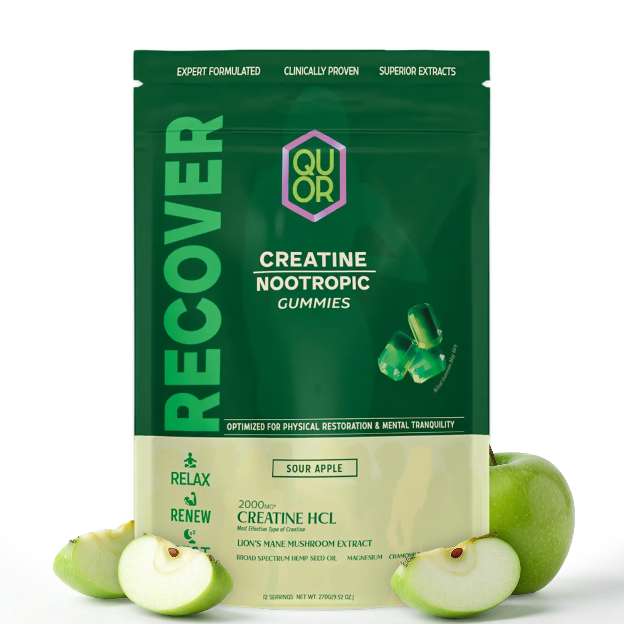 Green package of Quor Recover Creatine Nootropic Gummies with sour apple flavor, surrounded by green apples.