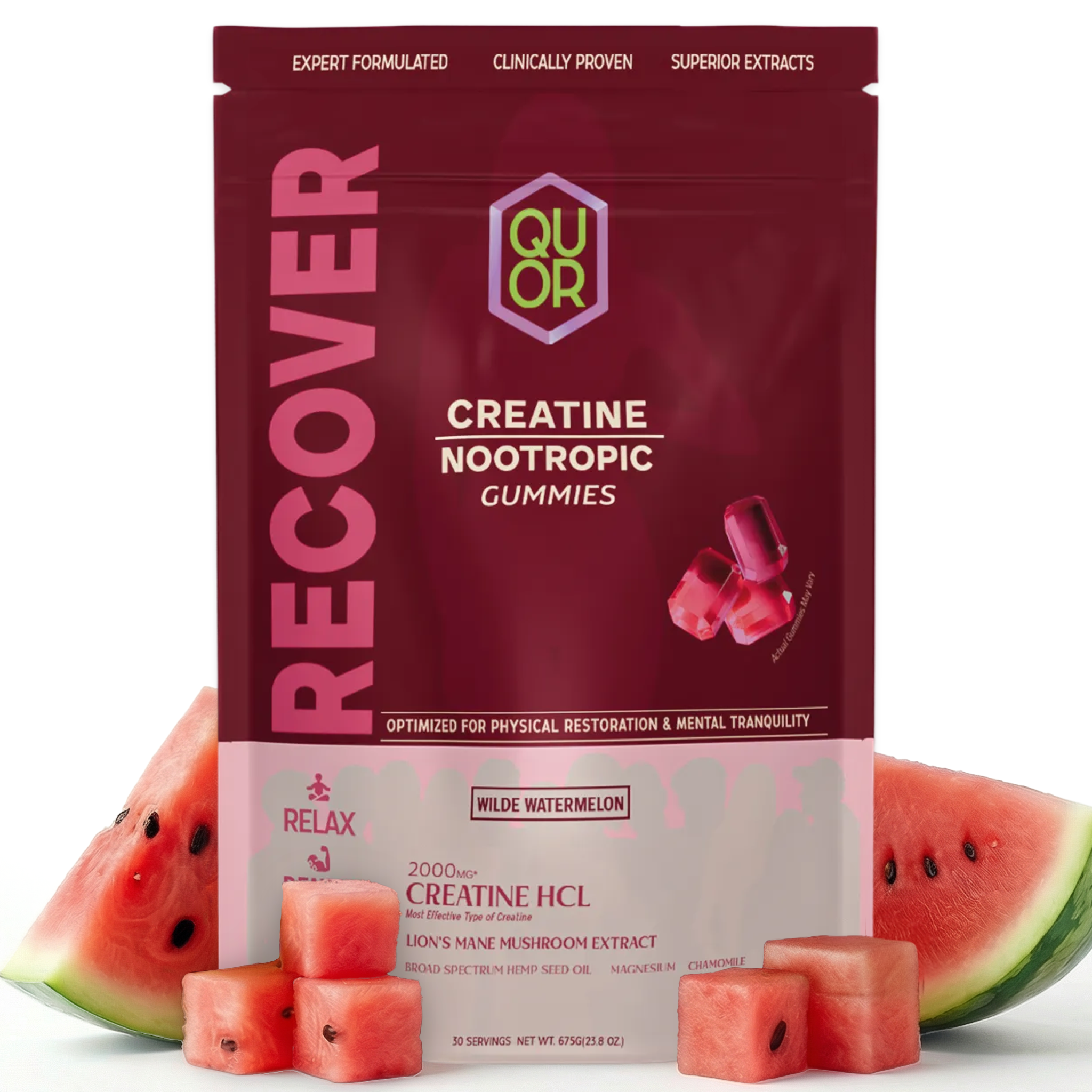 Package of Quor Recover Creatine Nootropic Gummies with watermelon flavor, surrounded by watermelon slices.