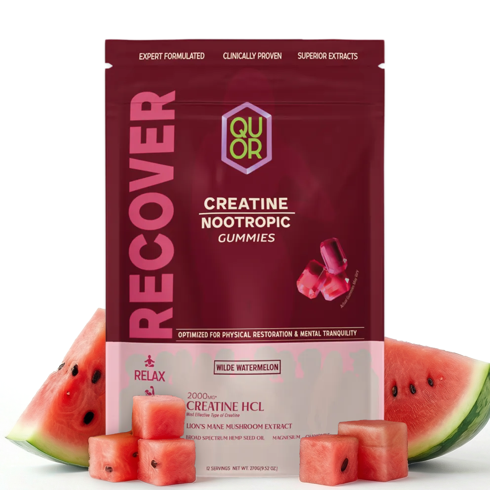 Quor Recover Creatine Nootropic Gummies package with watermelon slices on a white background