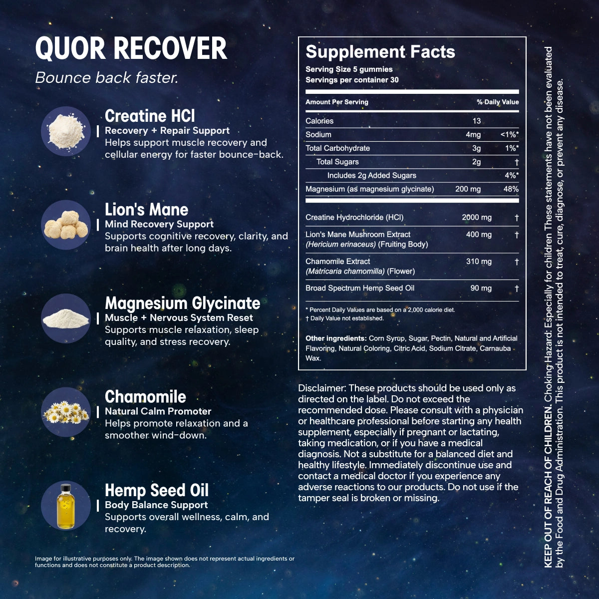 Supplement facts label for Quor Recover on a dark background with star-like patterns.