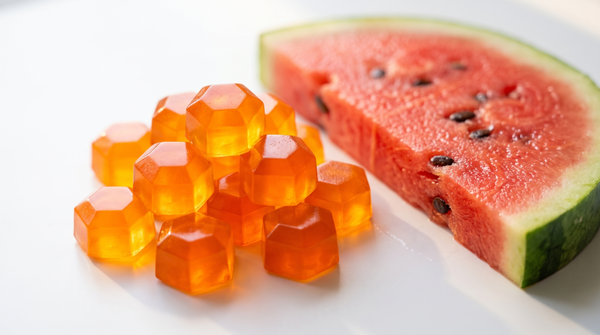 Wilde Watermelon QUOR Enhance gummies beside a fresh watermelon slice