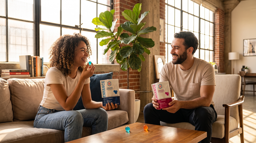 Two friends enjoying QUOR Enhance gummies together in a bright loft